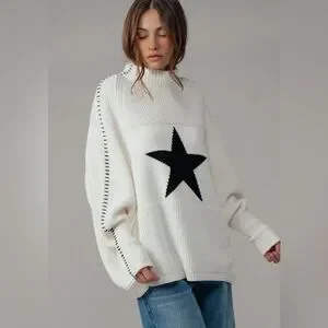 ALPS Elegant White Turtleneck Sweater with a Star
